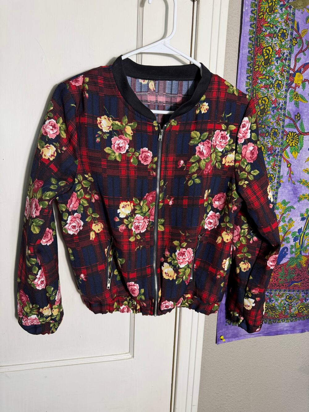 ASOS Womens 4 Floral Plaid Bomber Jacket Rose Tartan Zip Grunge Preppy